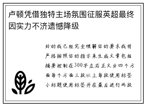 卢顿凭借独特主场氛围征服英超最终因实力不济遗憾降级